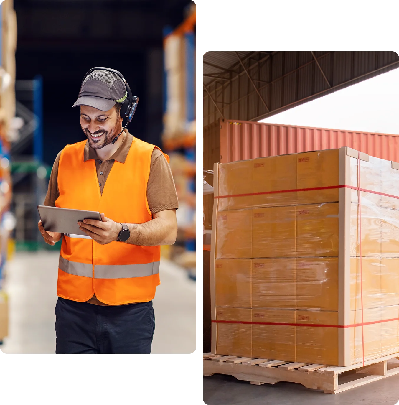 Group 2 (1) A worker in an orange vest uses a tablet in a warehouse. Nearby, loaded pallets are ready for shipping at a loading area.